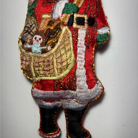 VTG Silk Embroidered Fabric Santa Ornaments Set Of Two Toy Sack Christmas Trees - Picture 5 of 12